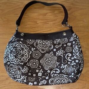 Thirty-One Brown & White Woodblock Floral Suite Skirt Purse